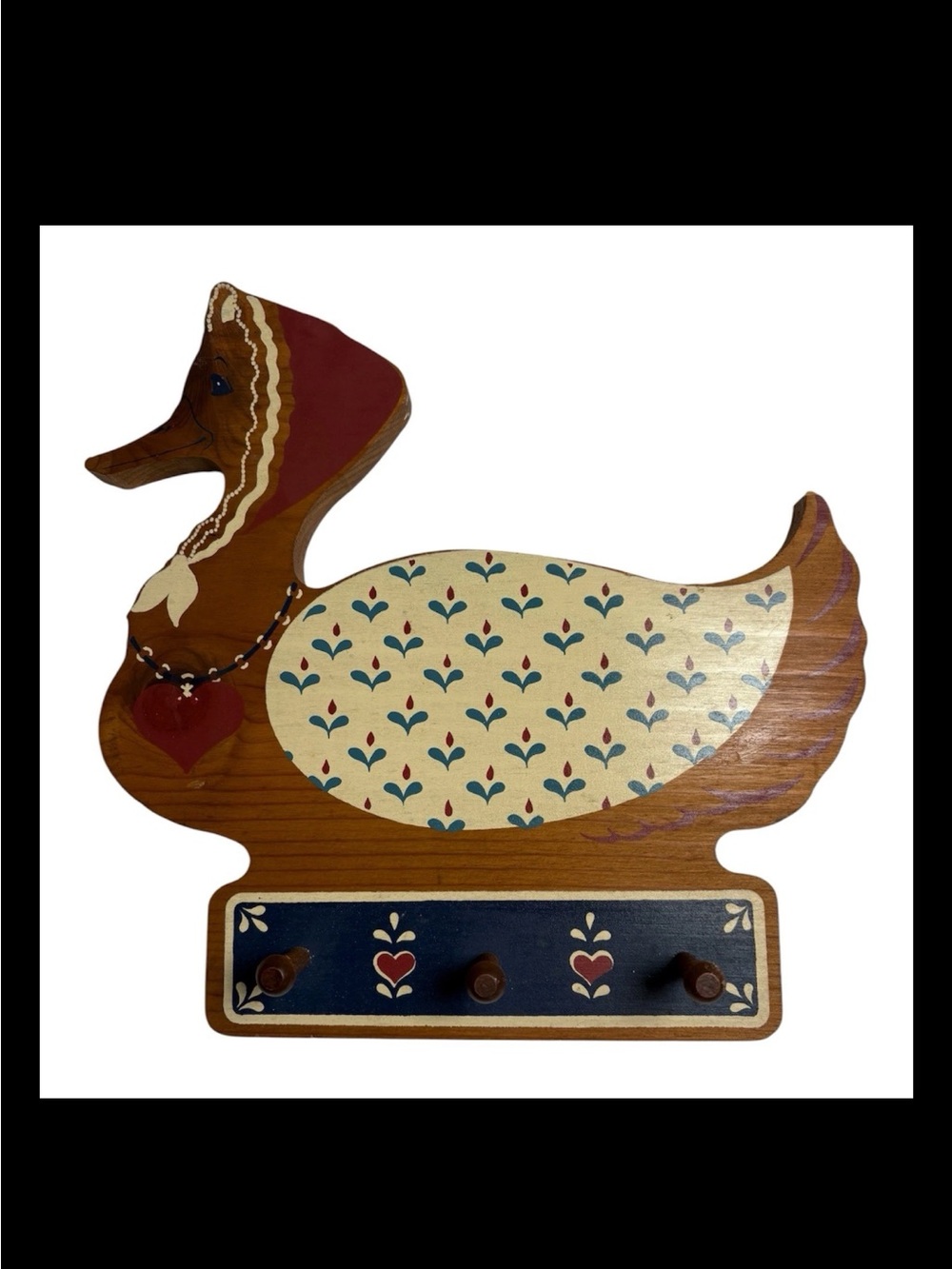 Vintage HOMCO Wooden Duck Wall Plaque With Pegs 80's Folk Art